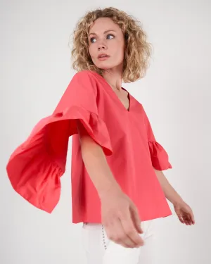 ruffle sleeve top - coral