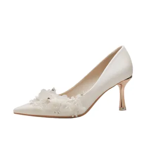 Satin Bloom Pointed-Toe Stiletto Heels