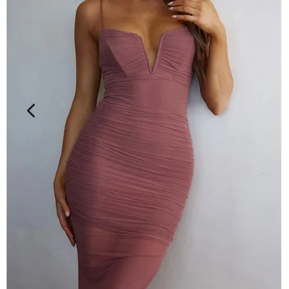 Selfie Leslie Good Vibes V-Bust Sheer Split Midi Dress Rose Blush Women's Size L