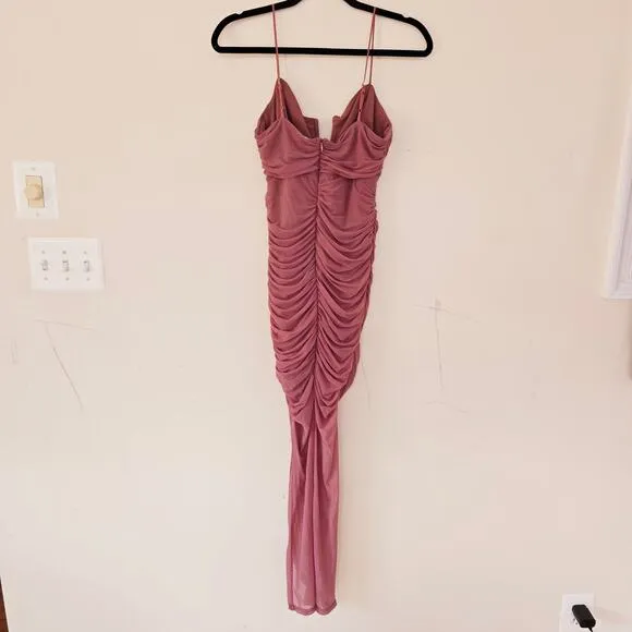 Selfie Leslie Good Vibes V-Bust Sheer Split Midi Dress Rose Blush Women's Size L