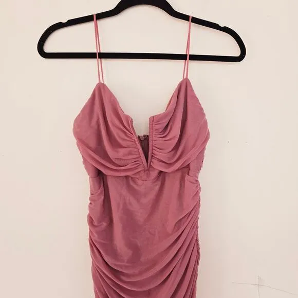 Selfie Leslie Good Vibes V-Bust Sheer Split Midi Dress Rose Blush Women's Size L