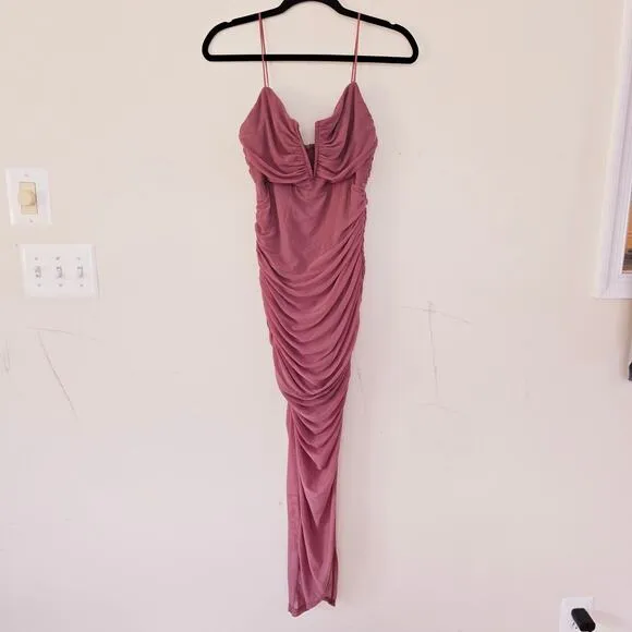 Selfie Leslie Good Vibes V-Bust Sheer Split Midi Dress Rose Blush Women's Size L