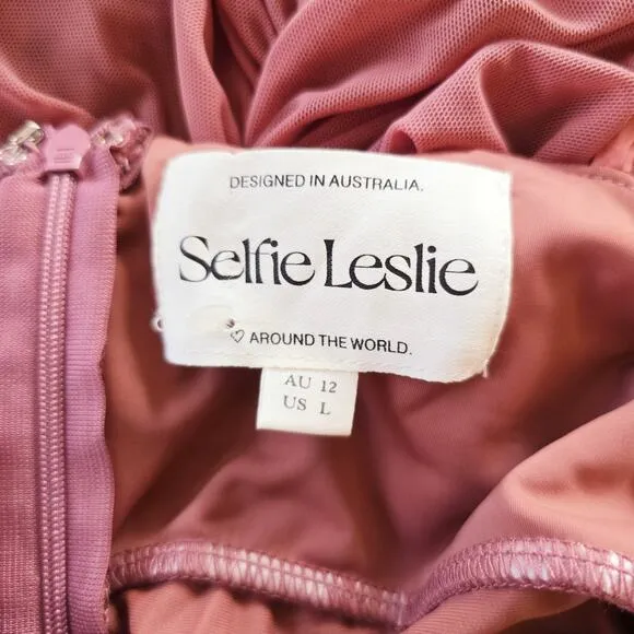 Selfie Leslie Good Vibes V-Bust Sheer Split Midi Dress Rose Blush Women's Size L