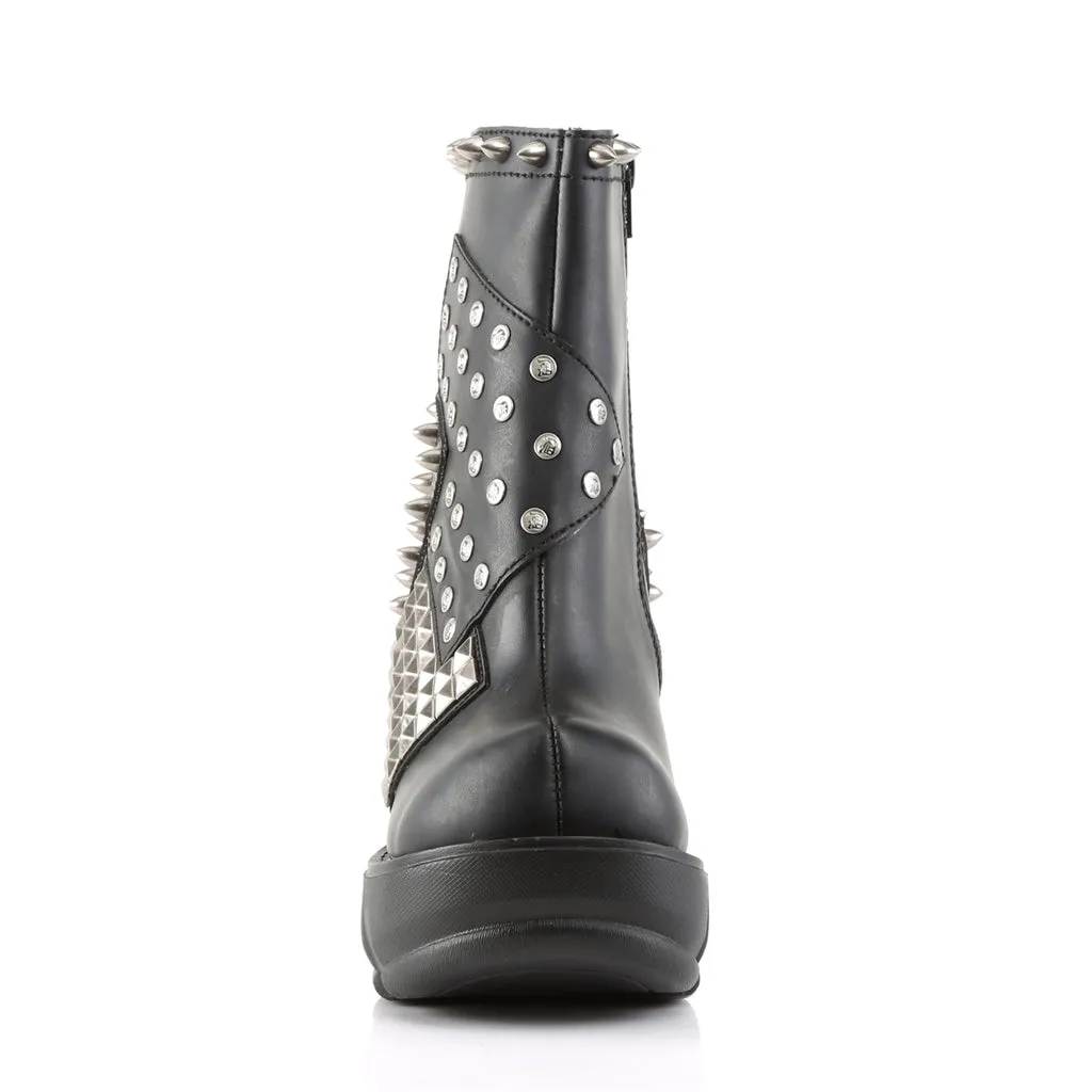 Sinister-64 black vegan leather 3.5" silver chrome platform ankle boot w/ studs and spikes