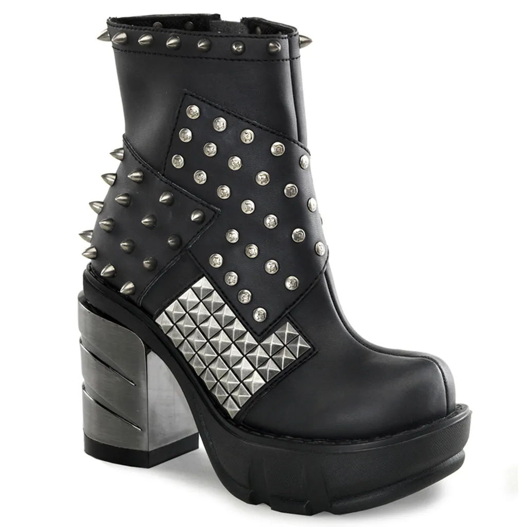 Sinister-64 black vegan leather 3.5" silver chrome platform ankle boot w/ studs and spikes