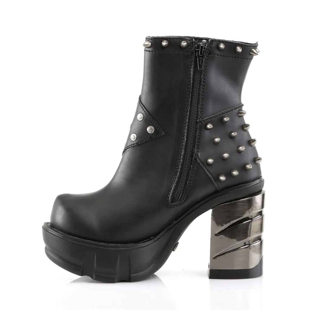 Sinister-64 black vegan leather 3.5" silver chrome platform ankle boot w/ studs and spikes