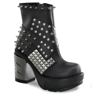Sinister-64 black vegan leather 3.5" silver chrome platform ankle boot w/ studs and spikes