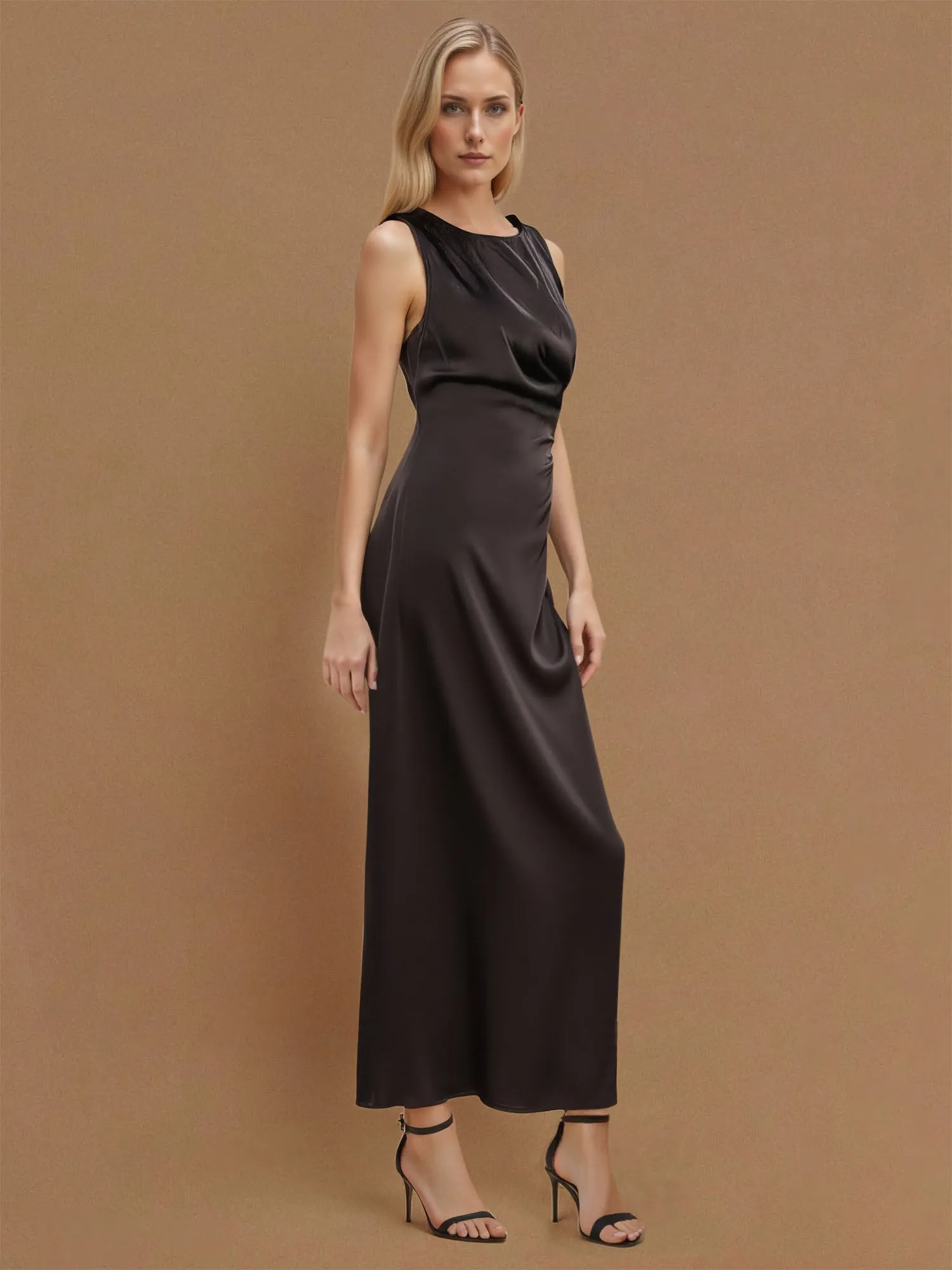 Sleeveless Satin Side Shirring Maxi Dress