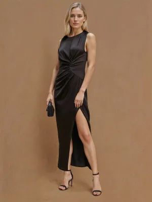 Sleeveless Satin Side Shirring Maxi Dress