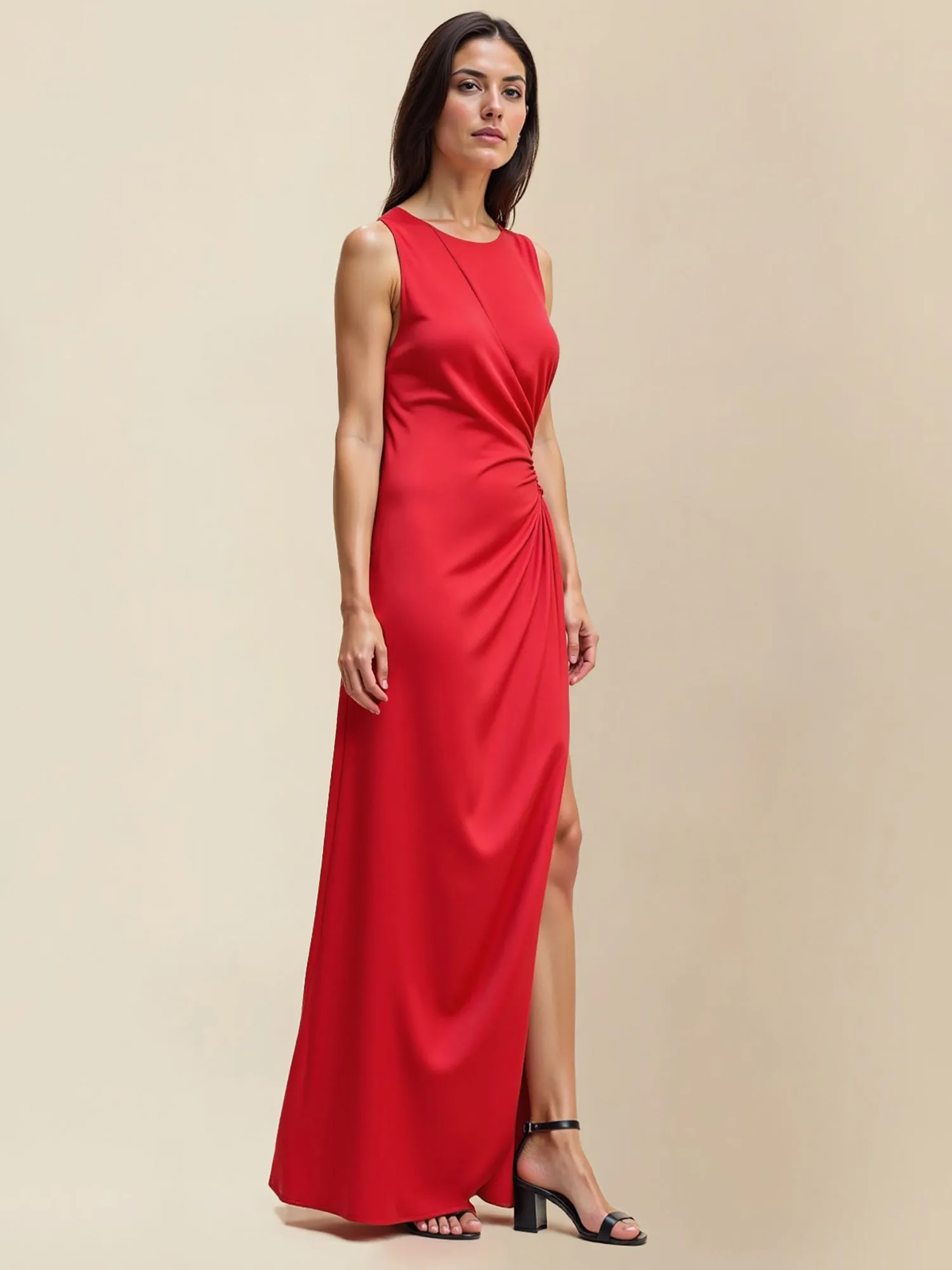 Sleeveless Satin Side Shirring Maxi Dress