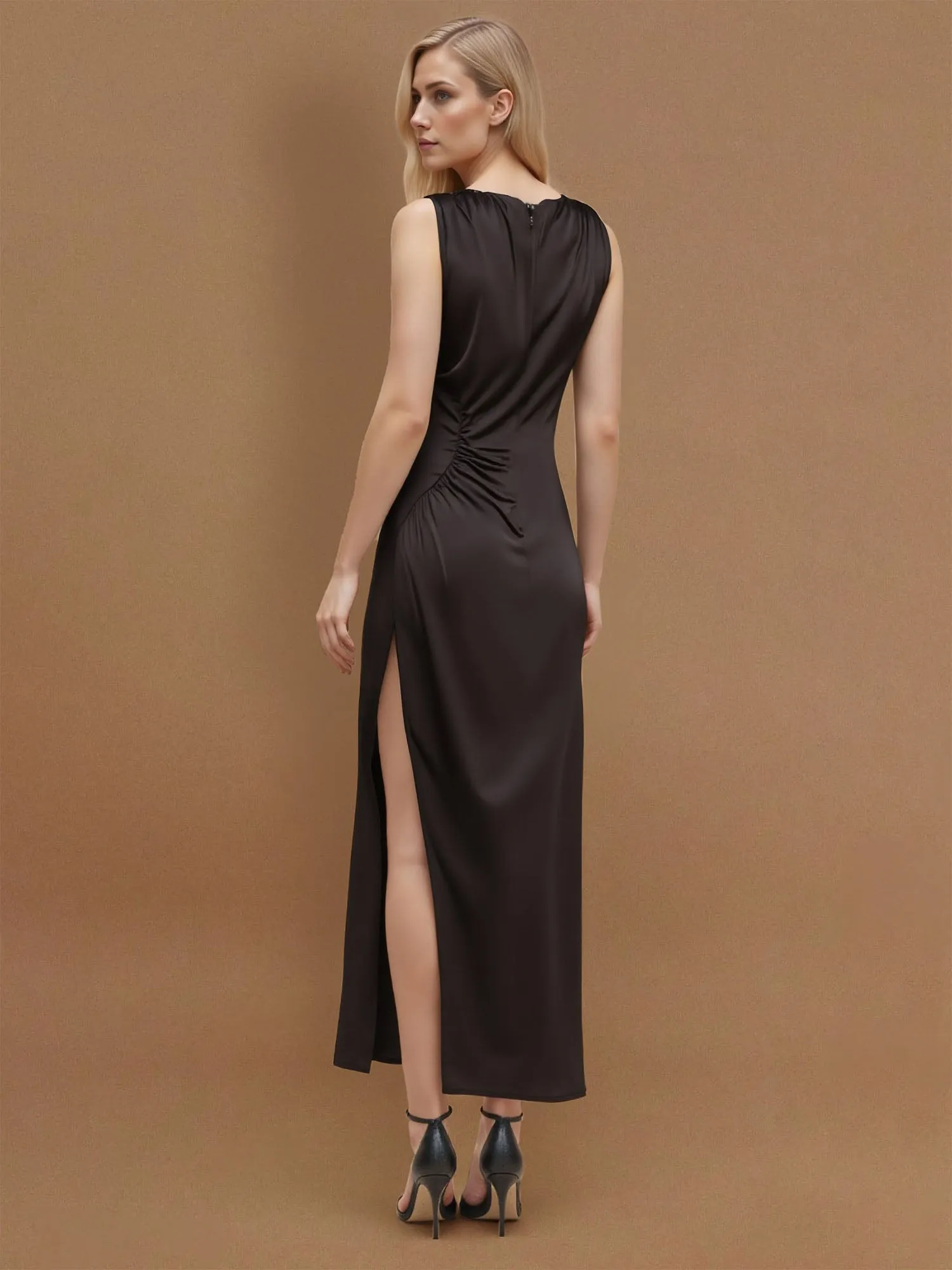 Sleeveless Satin Side Shirring Maxi Dress