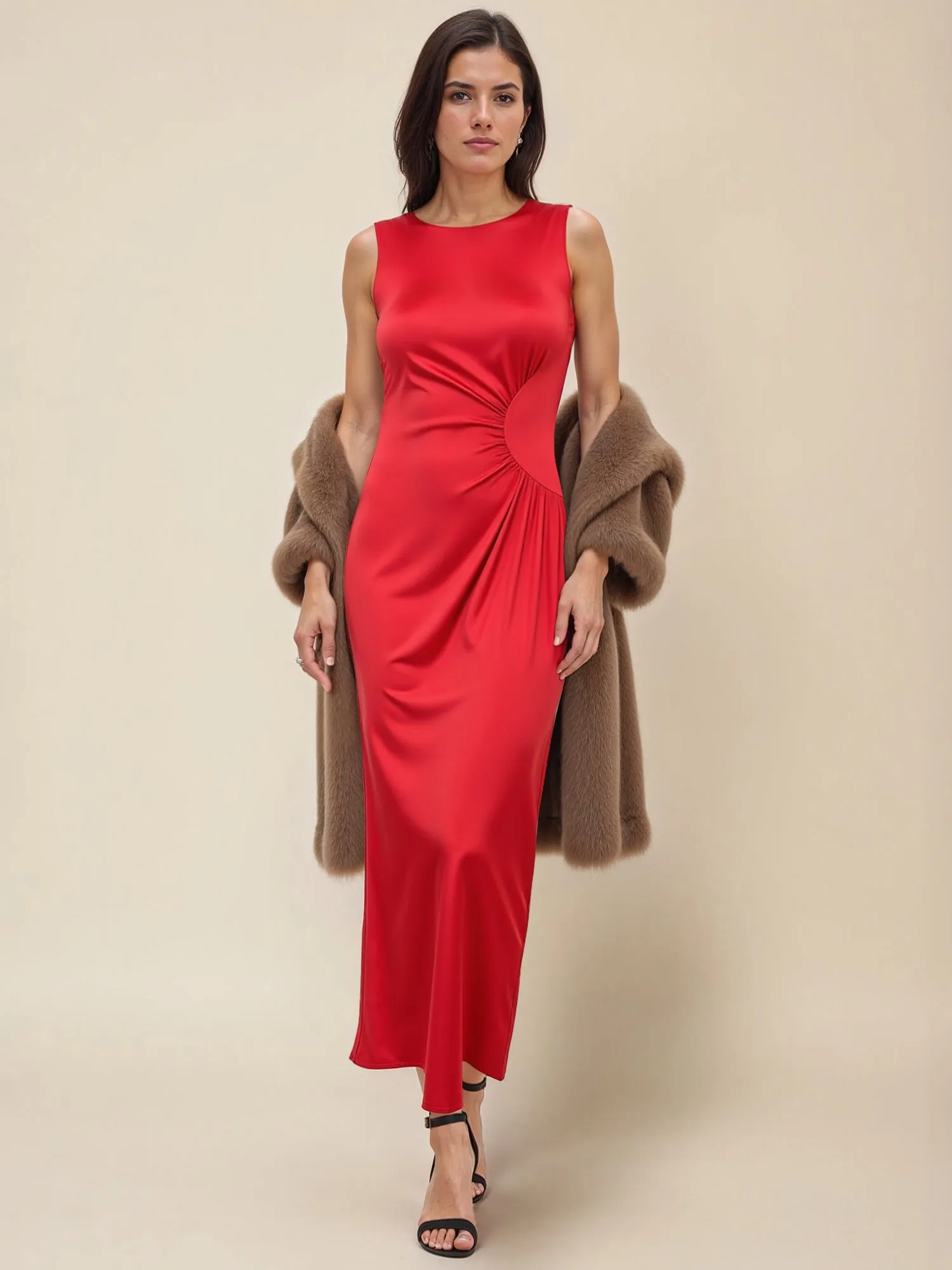 Sleeveless Satin Side Shirring Maxi Dress