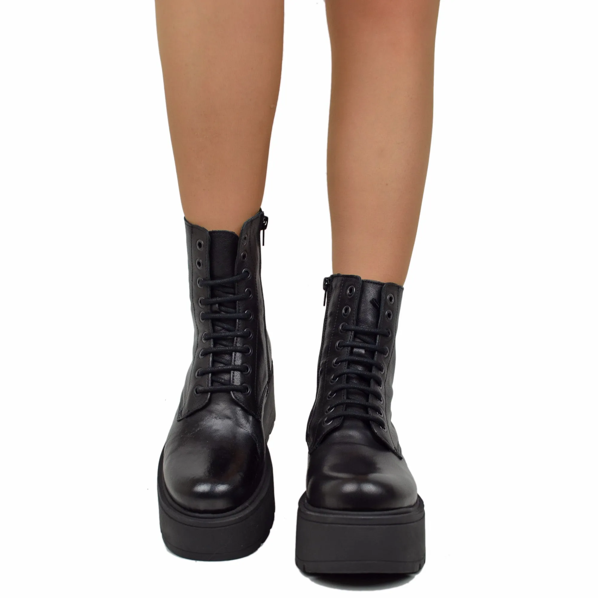 Stivaletti Platform di 7 cm Vera Pelle Morbidi Chunky Boots Neri