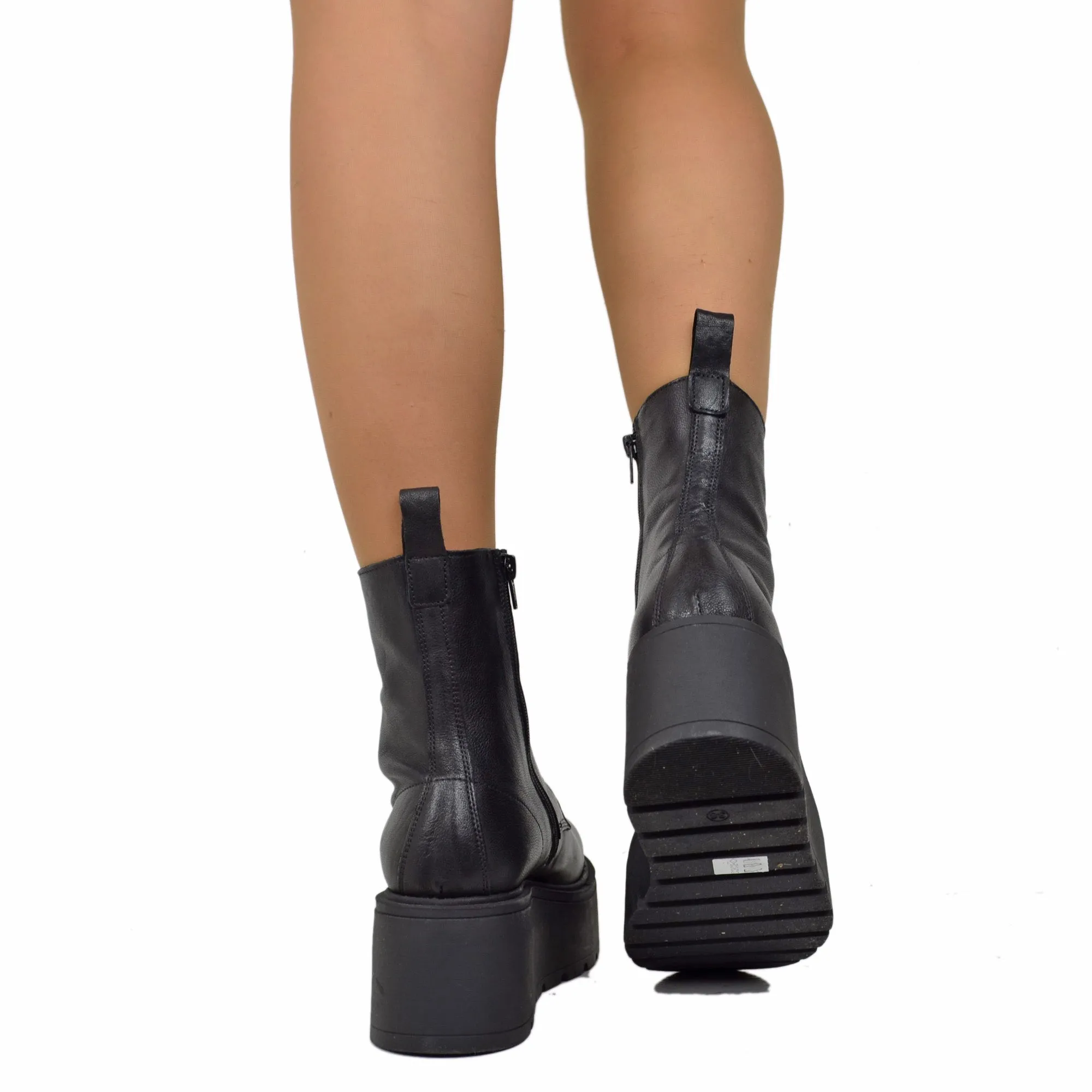 Stivaletti Platform di 7 cm Vera Pelle Morbidi Chunky Boots Neri