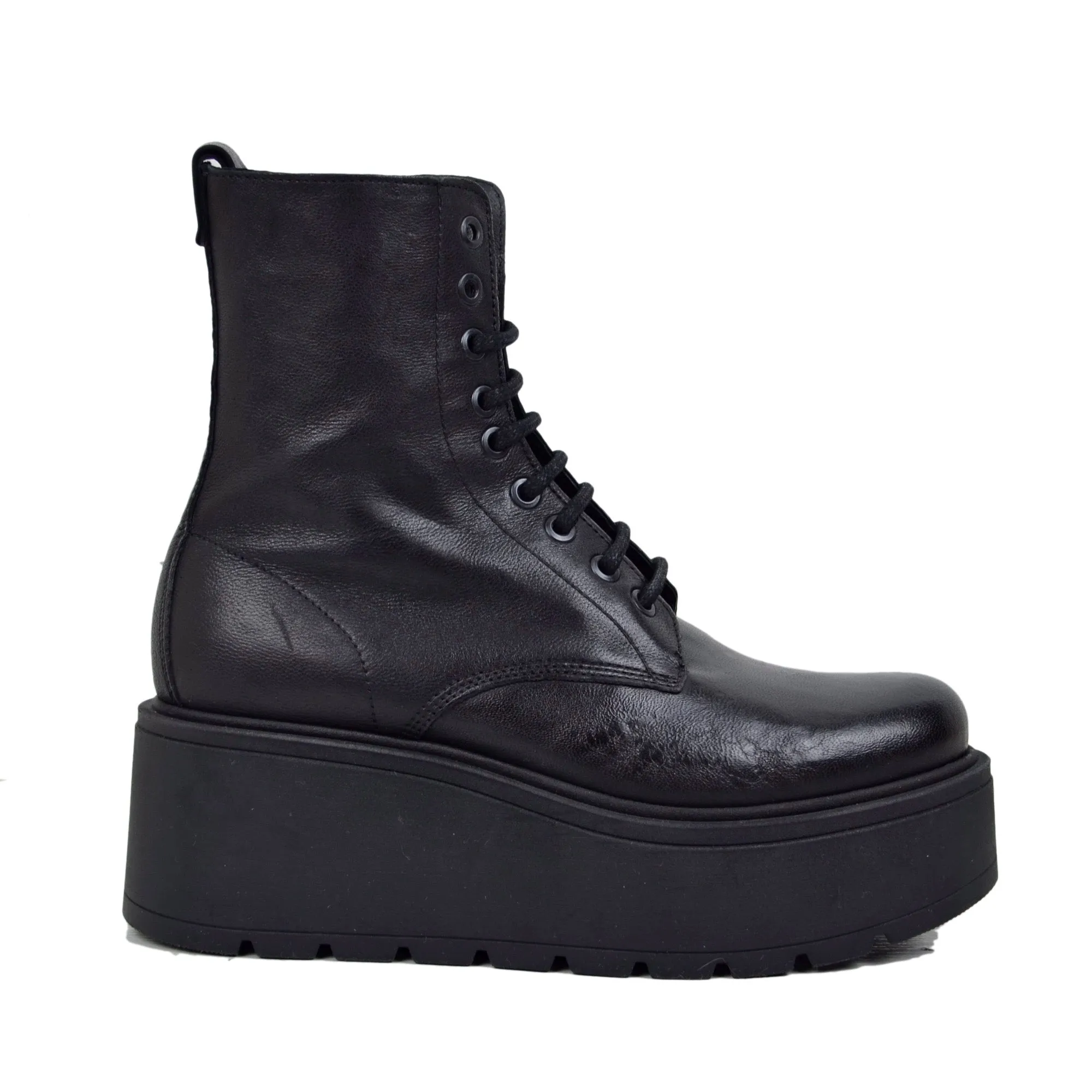 Stivaletti Platform di 7 cm Vera Pelle Morbidi Chunky Boots Neri