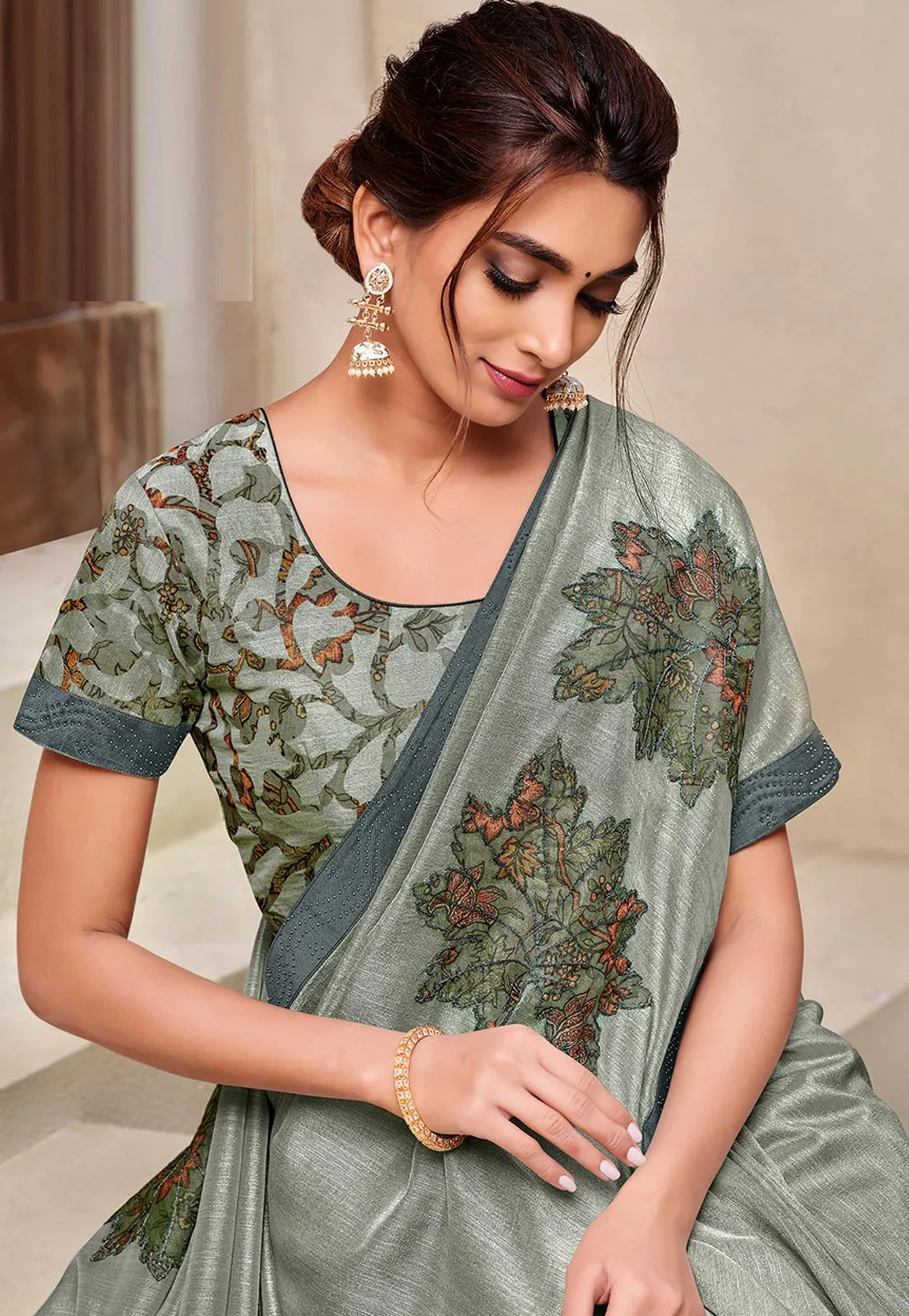 Teal Grey Floral Motif Detailed Silk Saree