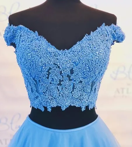 Two Piece Blue Prom Dress Off-The-Shoulder A Line Long Graduation Gown LPD002