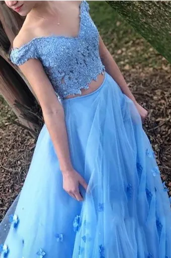 Two Piece Blue Prom Dress Off-The-Shoulder A Line Long Graduation Gown LPD002
