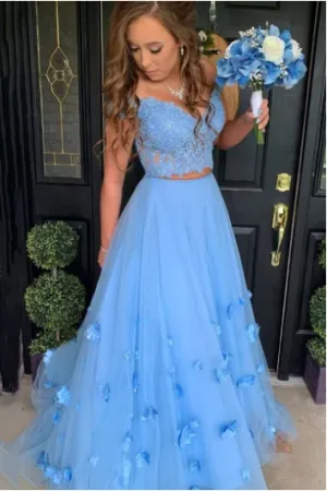 Two Piece Blue Prom Dress Off-The-Shoulder A Line Long Graduation Gown LPD002