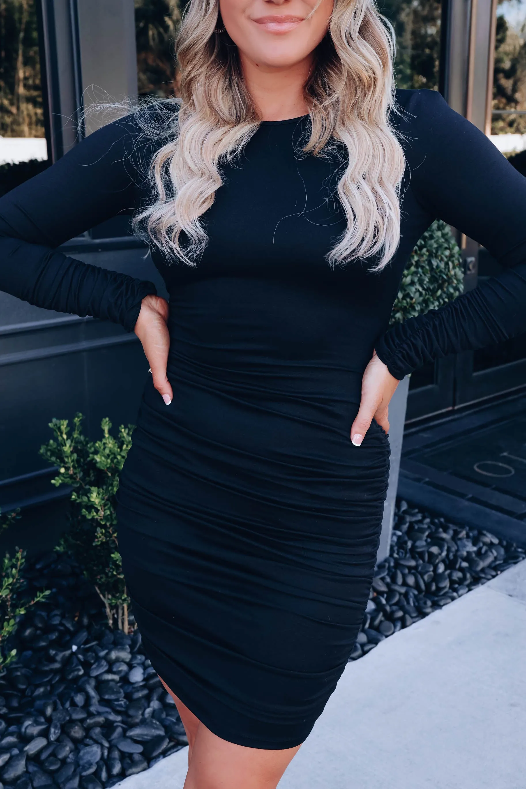 Victoria Ruched Lace Up Dress - Black