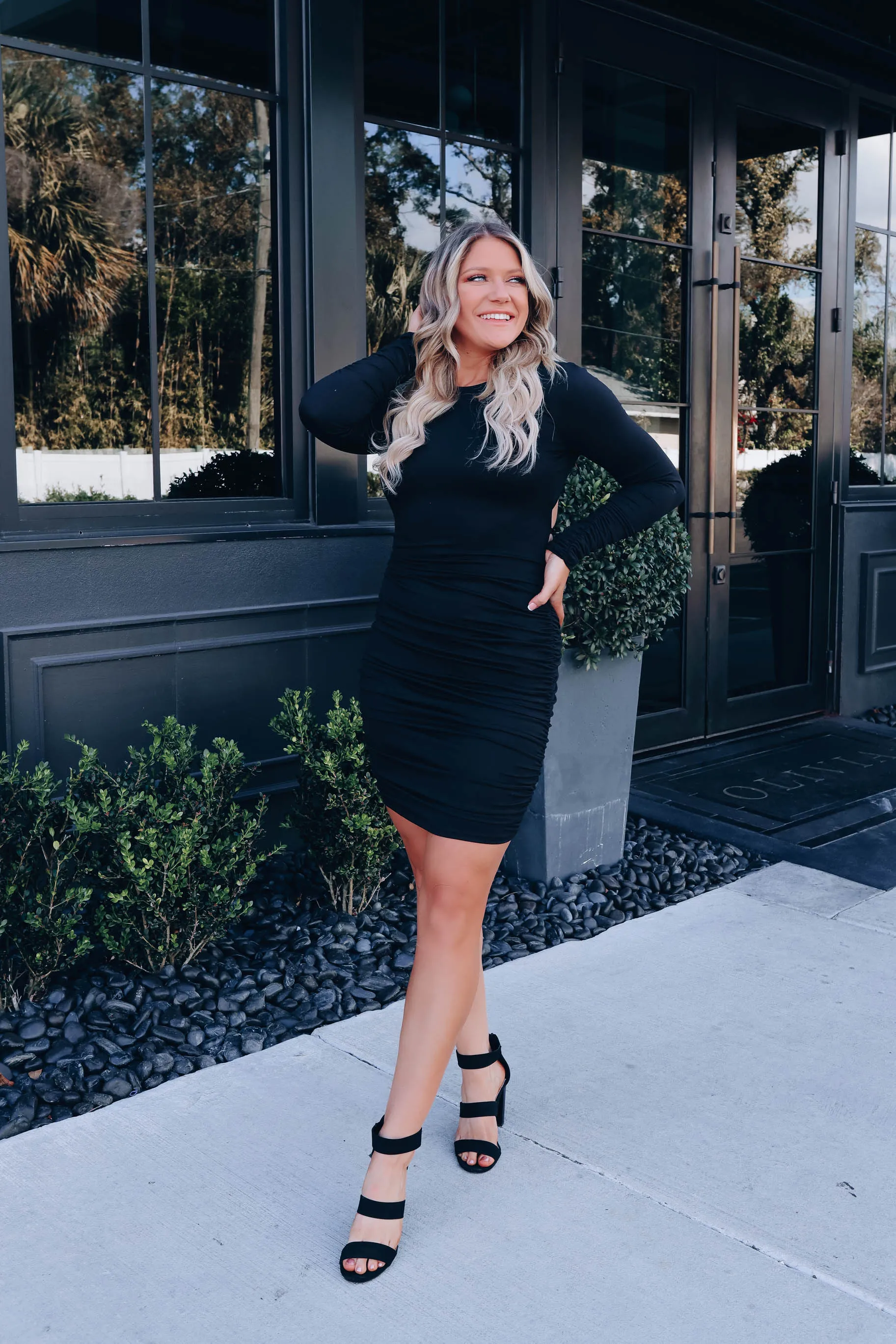 Victoria Ruched Lace Up Dress - Black