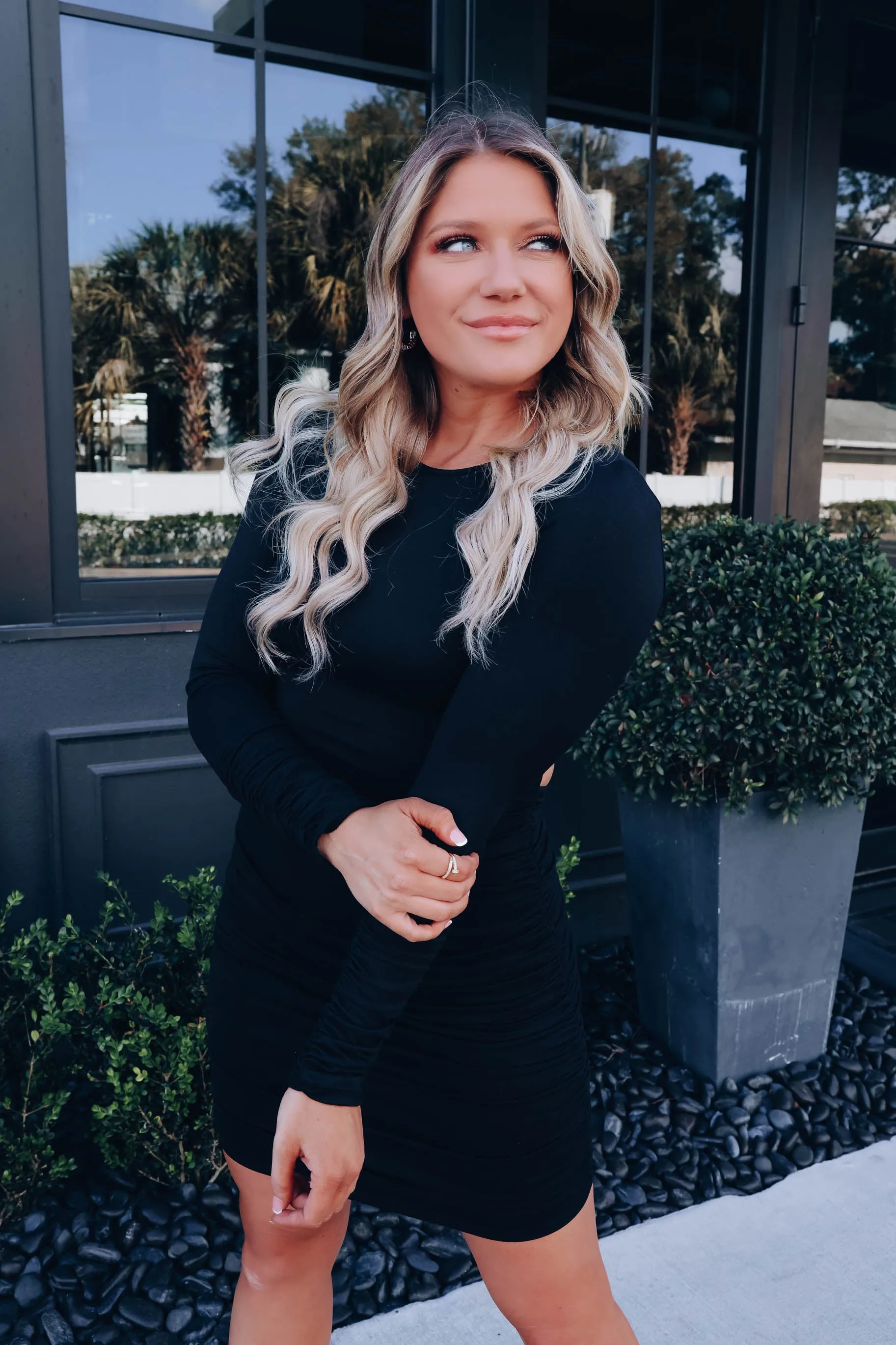 Victoria Ruched Lace Up Dress - Black
