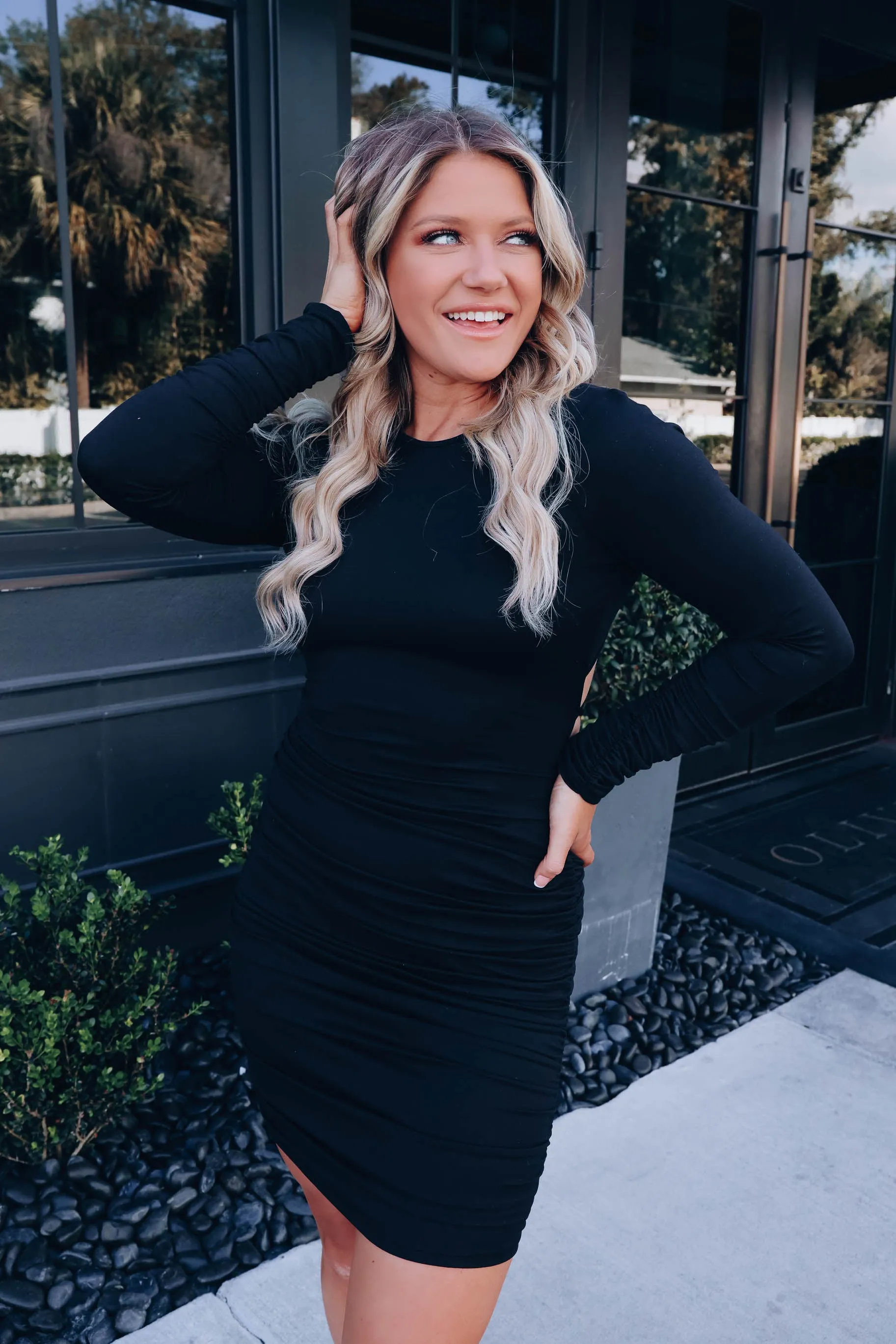 Victoria Ruched Lace Up Dress - Black