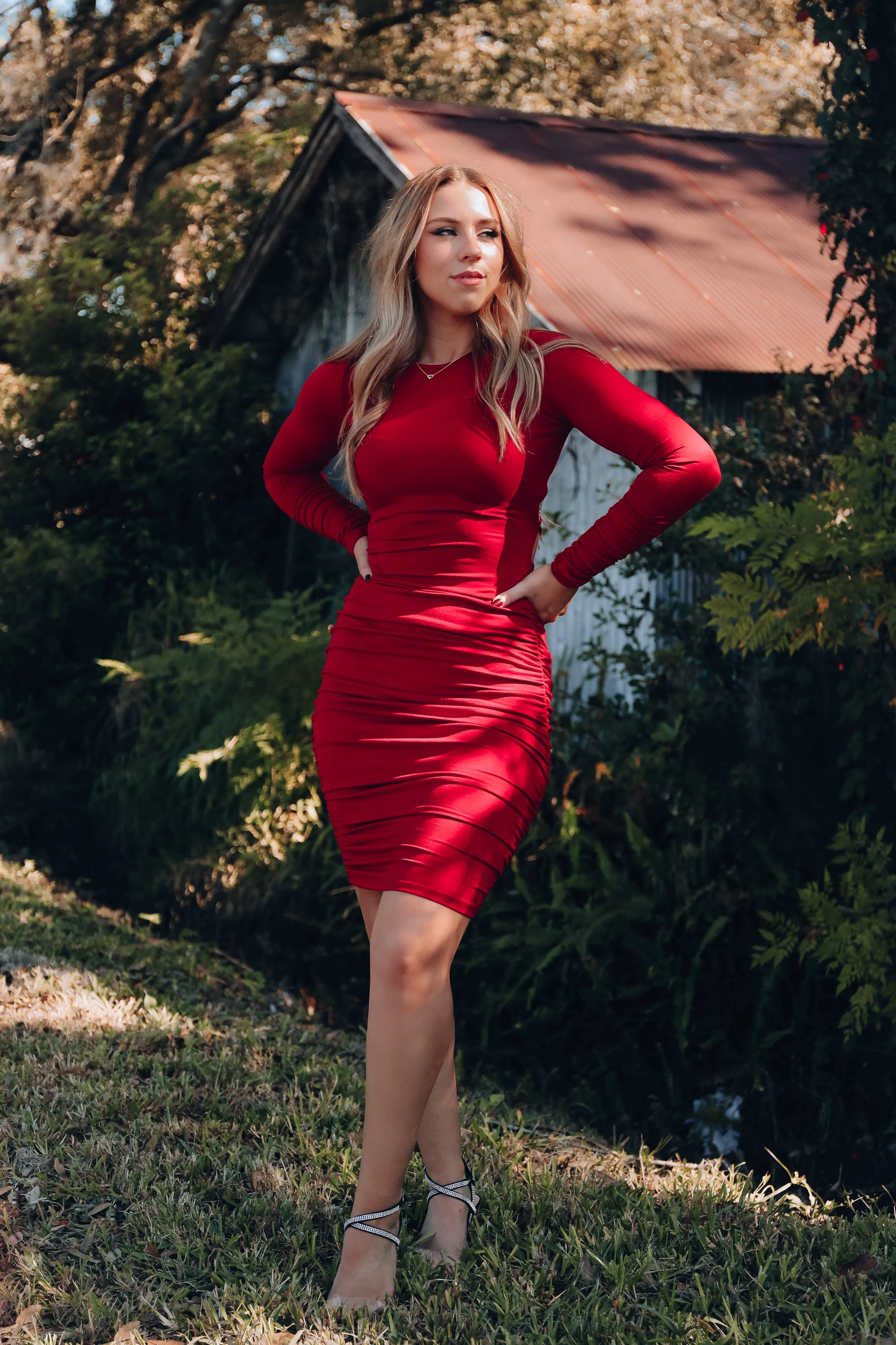 Vivian Ruched Lace Up Dress - Red