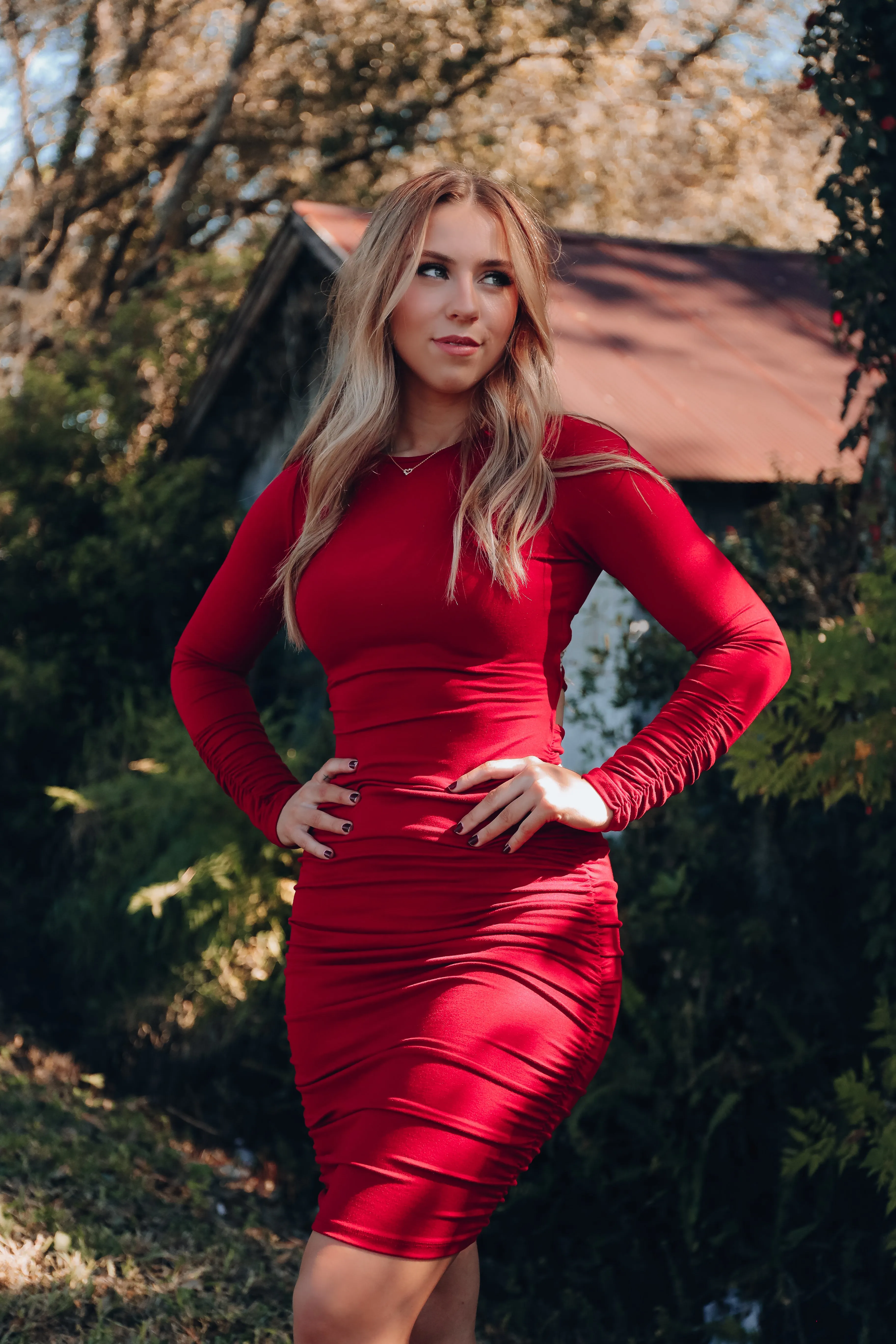Vivian Ruched Lace Up Dress - Red
