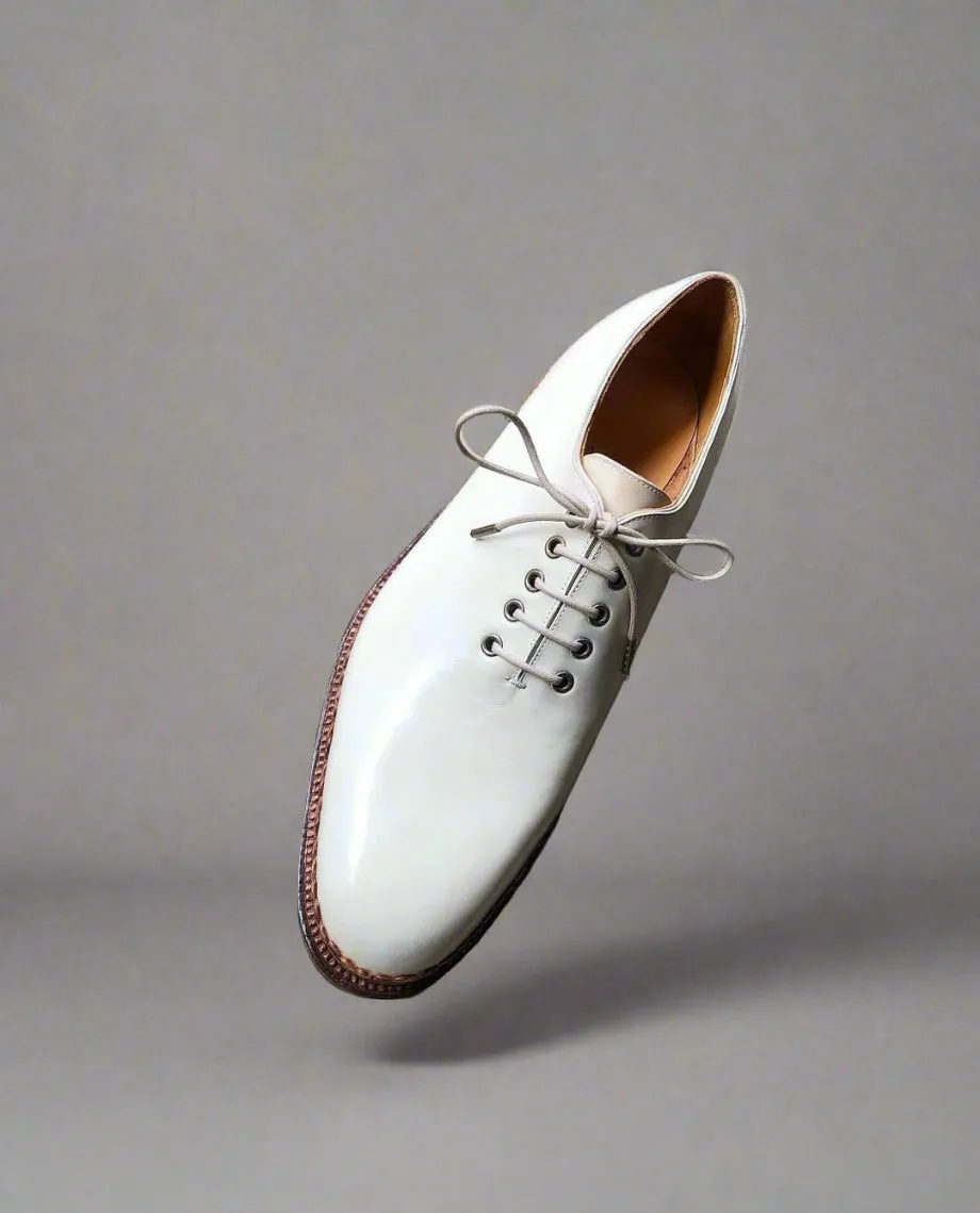 White Leather Mariselle Whole Cut White Stitched Oxfords - Formal Shoes
