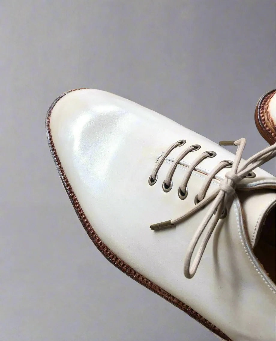 White Leather Mariselle Whole Cut White Stitched Oxfords - Formal Shoes