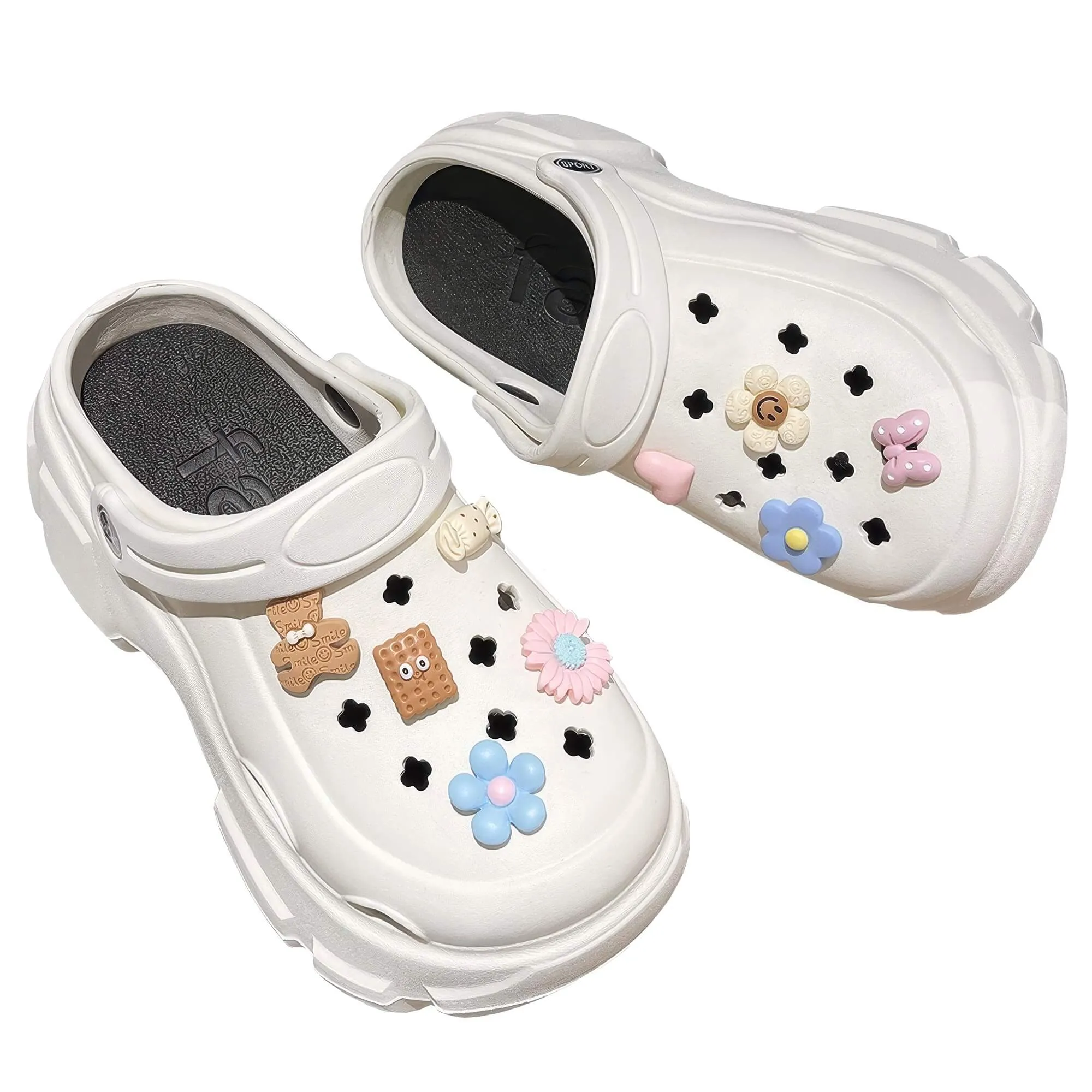 White Platform Crocsy Clogs With Cute Flower Charms