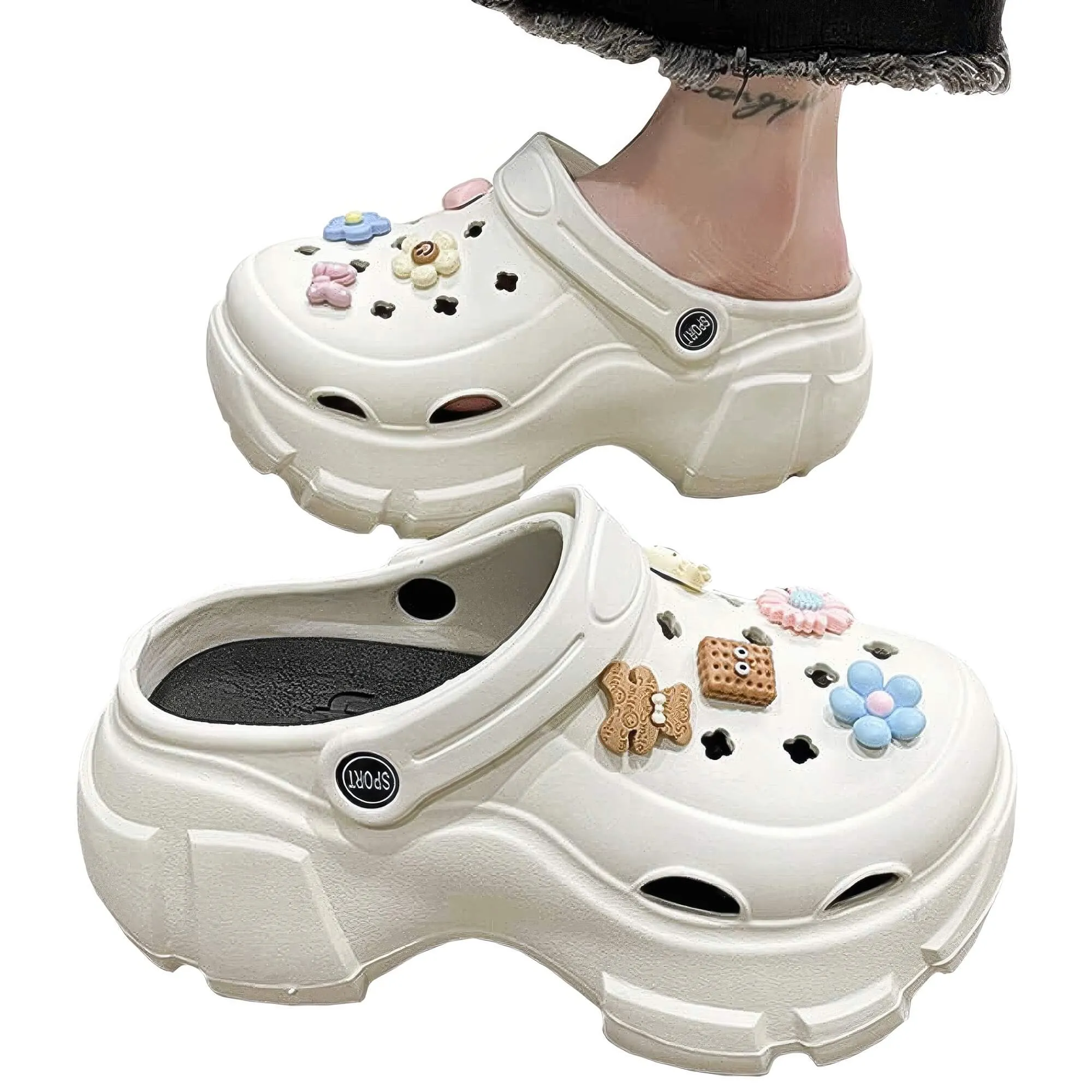 White Platform Crocsy Clogs With Cute Flower Charms