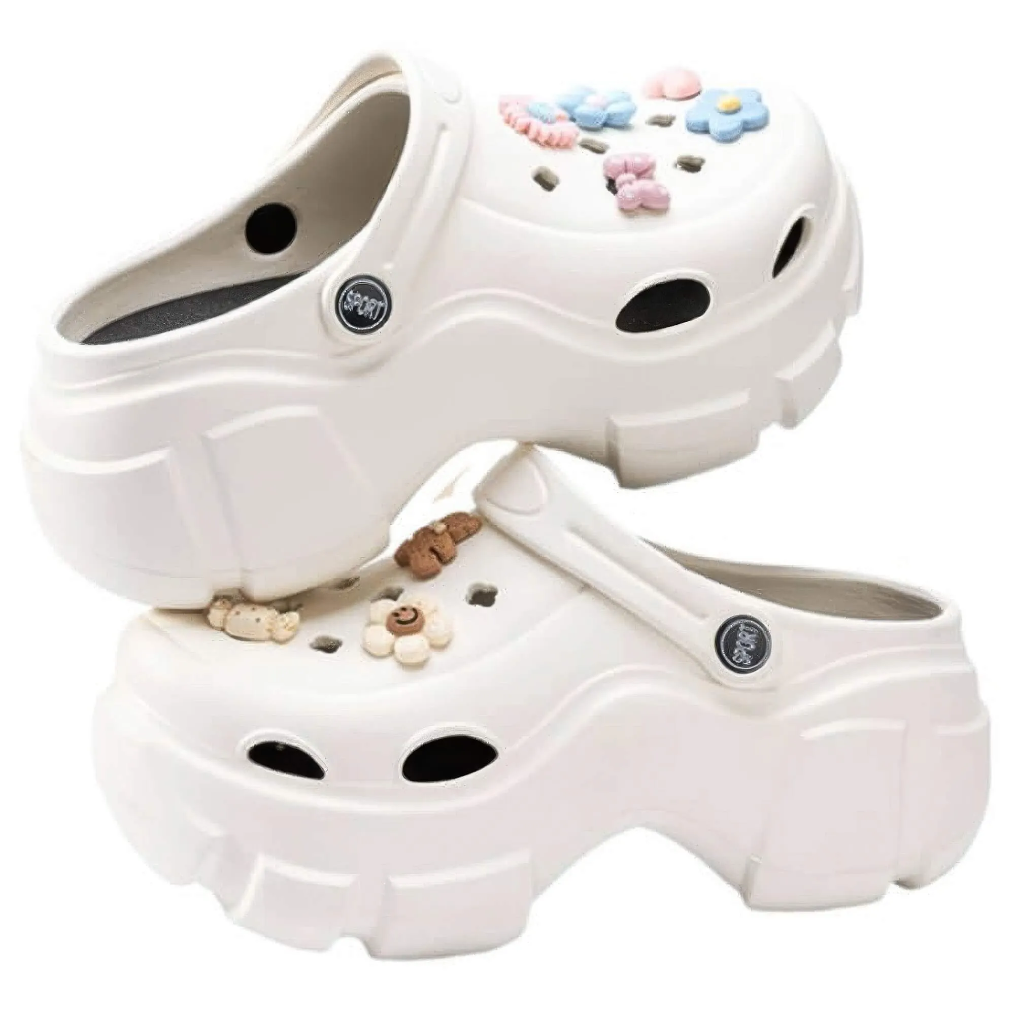 White Platform Crocsy Clogs With Cute Flower Charms