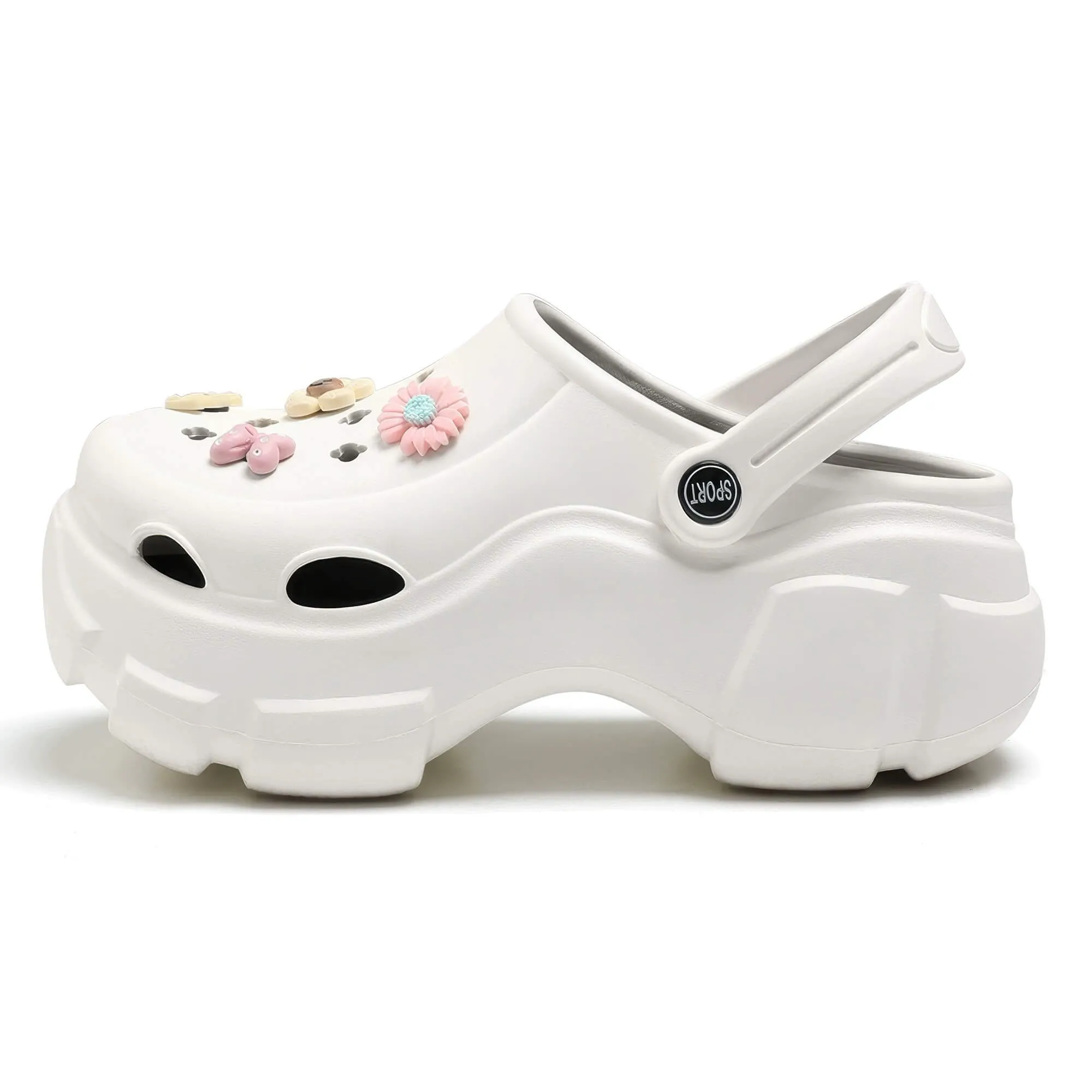 White Platform Crocsy Clogs With Cute Flower Charms