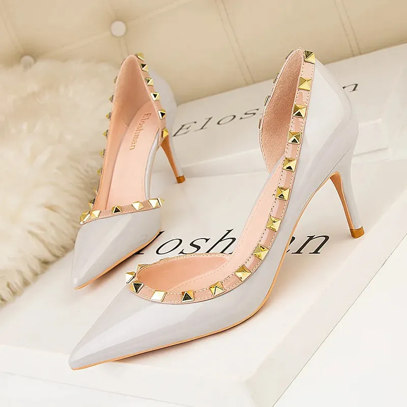 Women's shoes Spring  fashion rivet stiletto stiletto heels show thin, shallow mouth, pointed sexy side hollowed-out