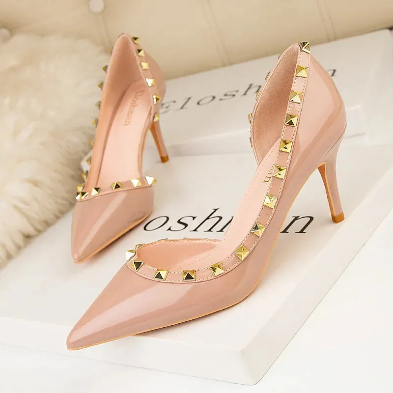Women's shoes Spring  fashion rivet stiletto stiletto heels show thin, shallow mouth, pointed sexy side hollowed-out
