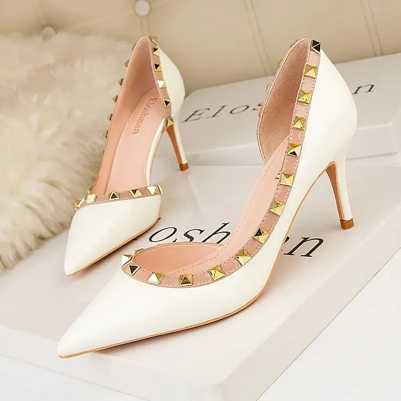 Women's shoes Spring  fashion rivet stiletto stiletto heels show thin, shallow mouth, pointed sexy side hollowed-out