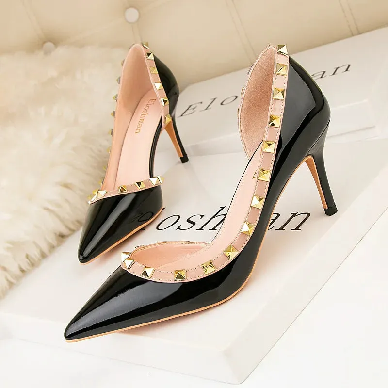 Women's shoes Spring  fashion rivet stiletto stiletto heels show thin, shallow mouth, pointed sexy side hollowed-out